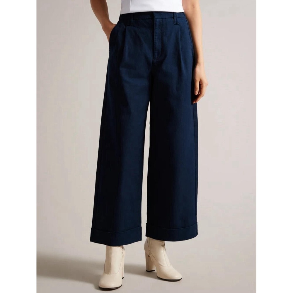 NWT Ted Baker Steviey Navy Blue Wide Leg Cropped Trousers Pants Size 6 (US 14)